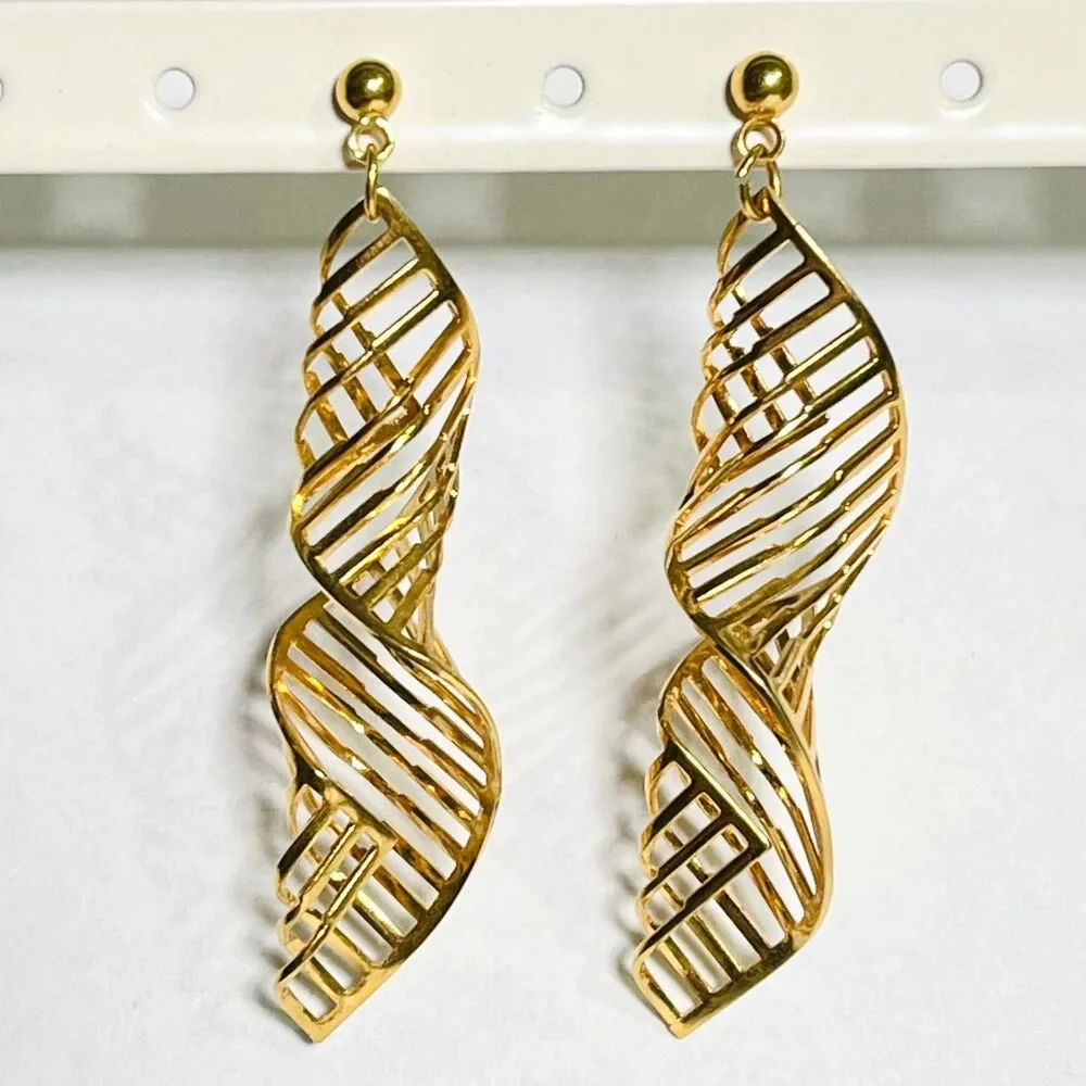 Vtg Spiral Earrings Gold Tone Posts Dangle Twisted Openwork Stripes Unique Drop